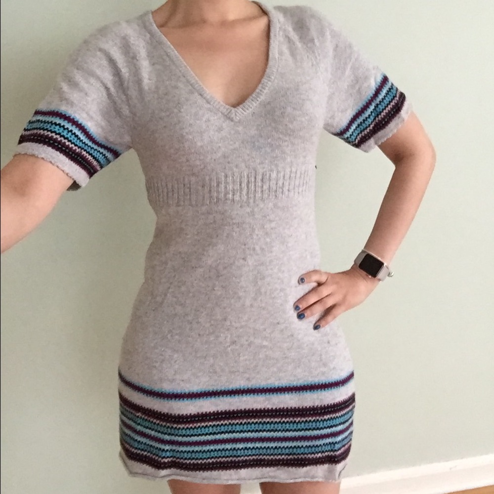 Roxy Grey Sweater Tunic Mini Dress S striped blue purple surfer beach surf gray